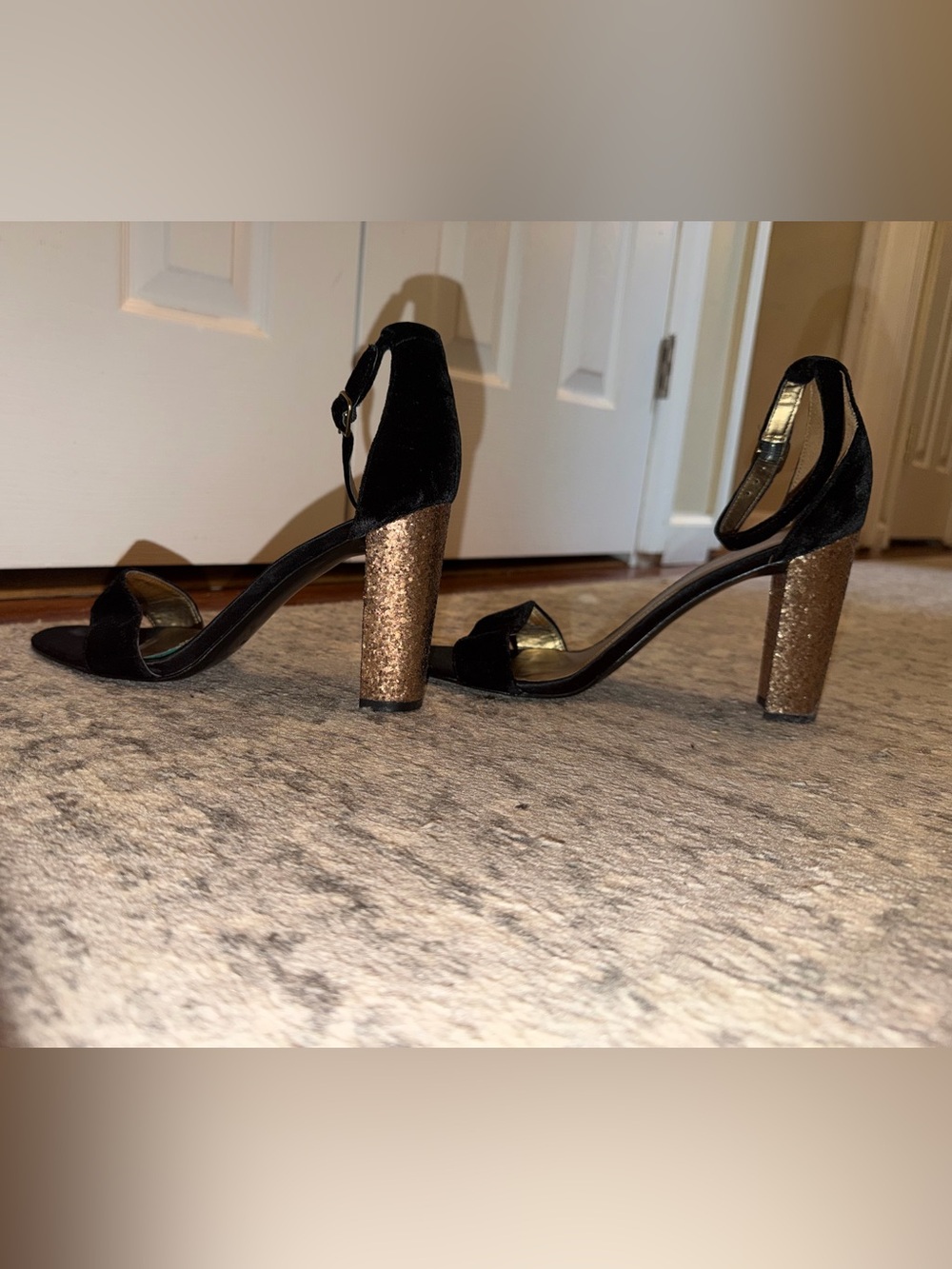 Marc Fisher Black Velvet Gold Glitter Block Heel Sandals size 11